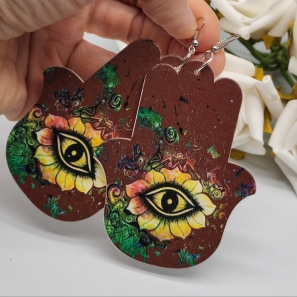 Large Lightweight Earrings Wood Hamsa Evil Eye Boho Jewelry - Picture 4 of 4